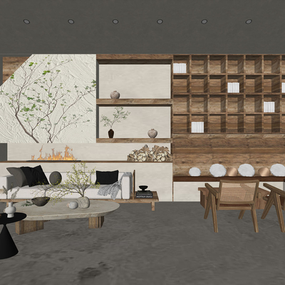  侘寂风民宿大厅su模型 