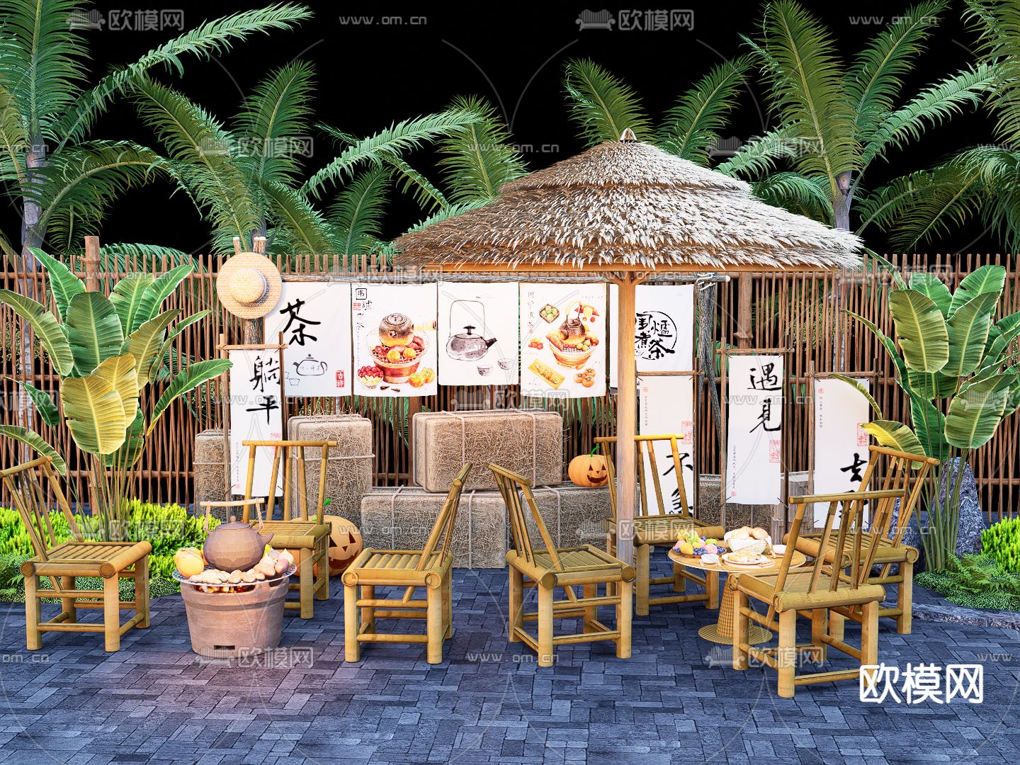 新中式 露营美陈 围炉煮茶 户外桌椅su模型下载（渲染图1）
