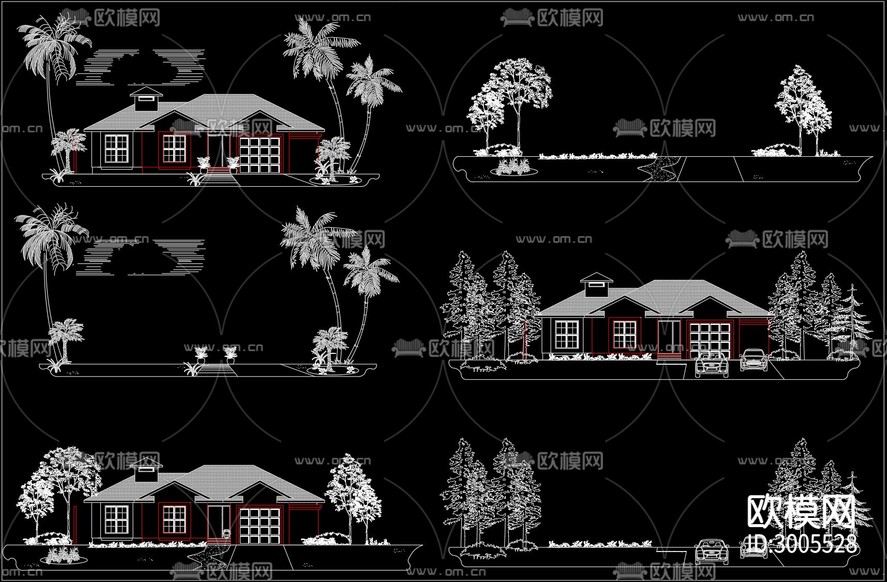 别墅立面 植物立面cad图库下载(渲染图1)