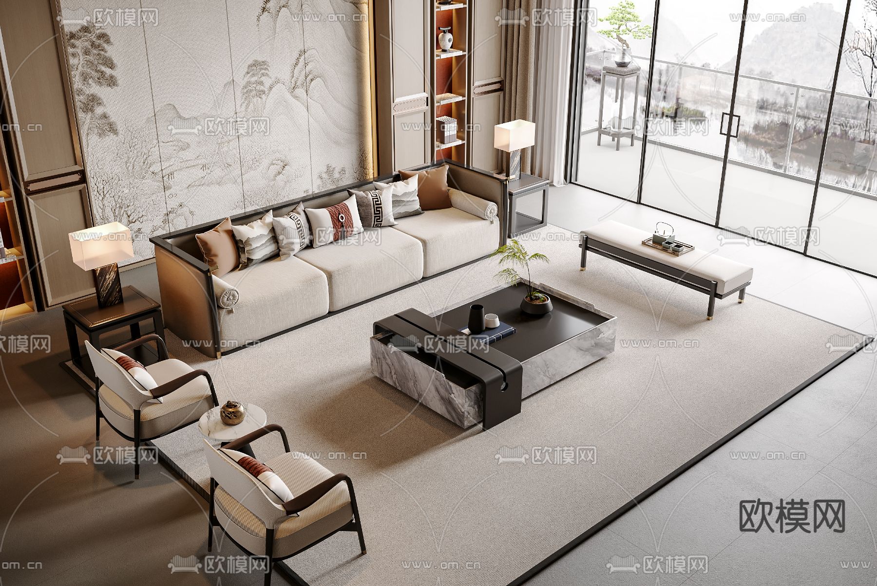 新中式组合沙发3d模型下载