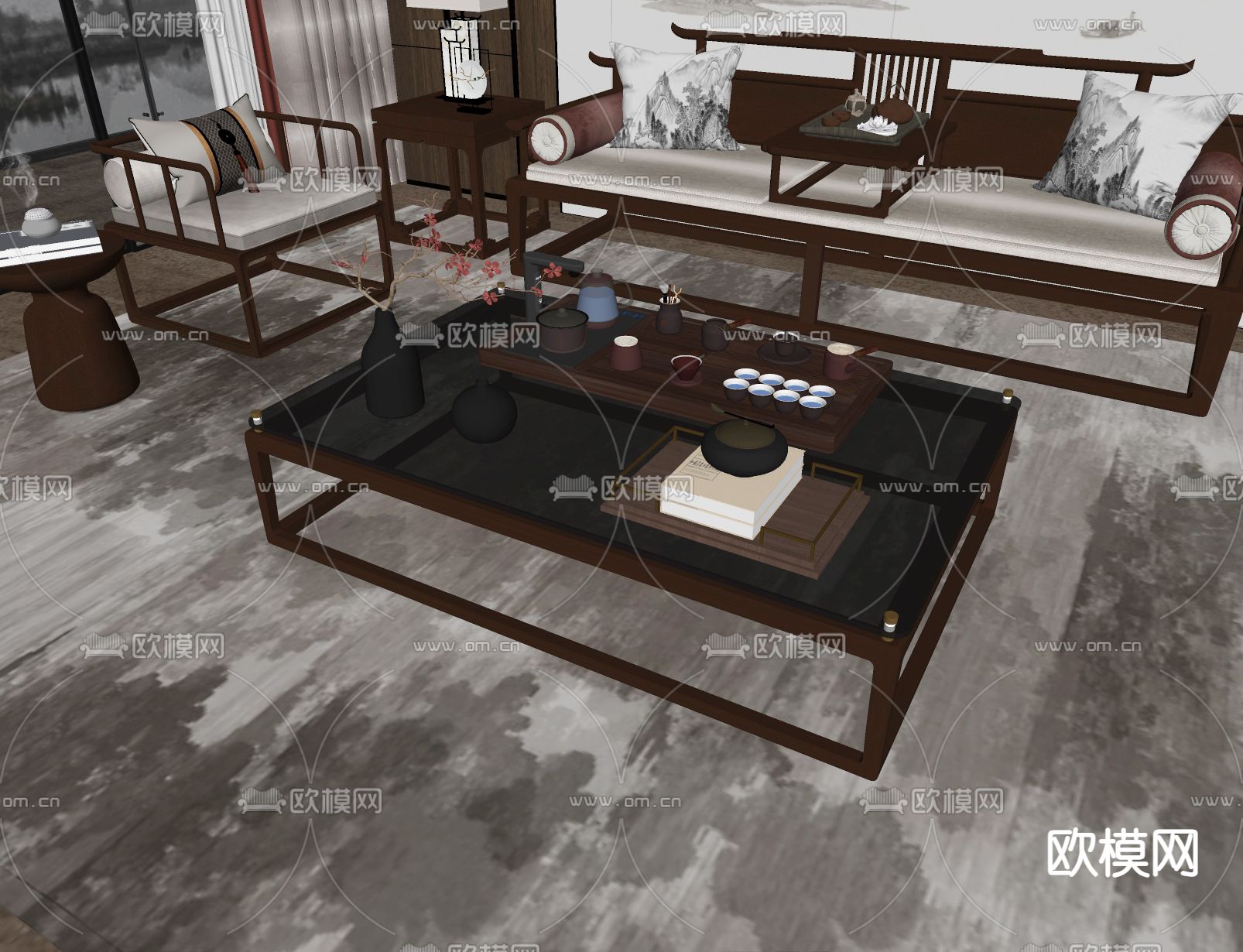 新中式茶几su模型下载（渲染图1）