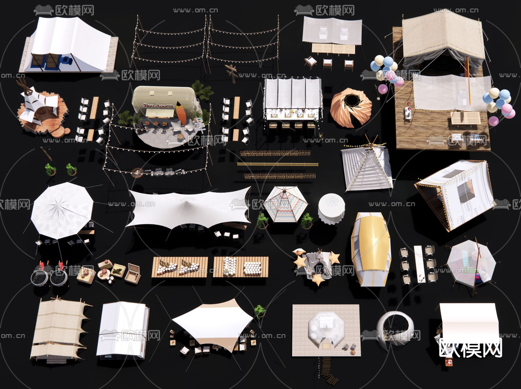 网红营地 露营帐篷 张拉膜 遮阳棚3d模型下载