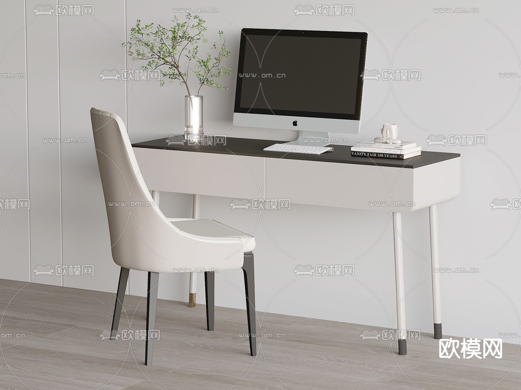 奶油风书桌椅su模型下载（渲染图2）