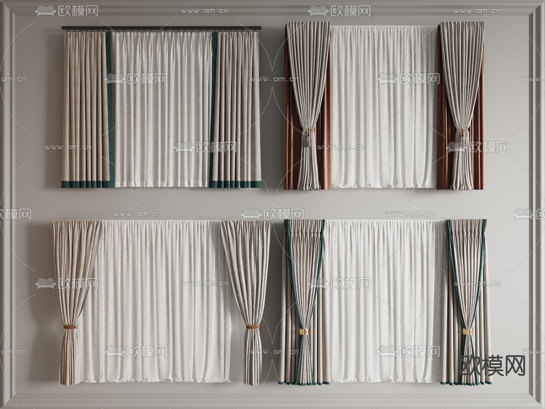 新中式窗帘 纱帘 窗帘杆3d模型下载