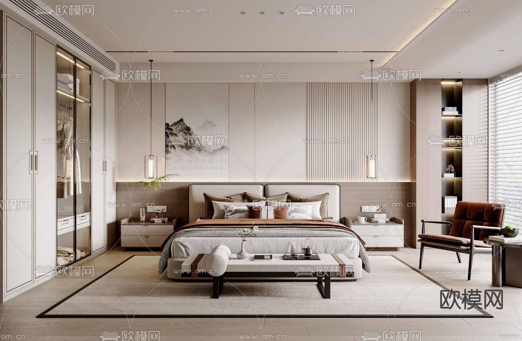 新中式卧室 主人房3d模型下载