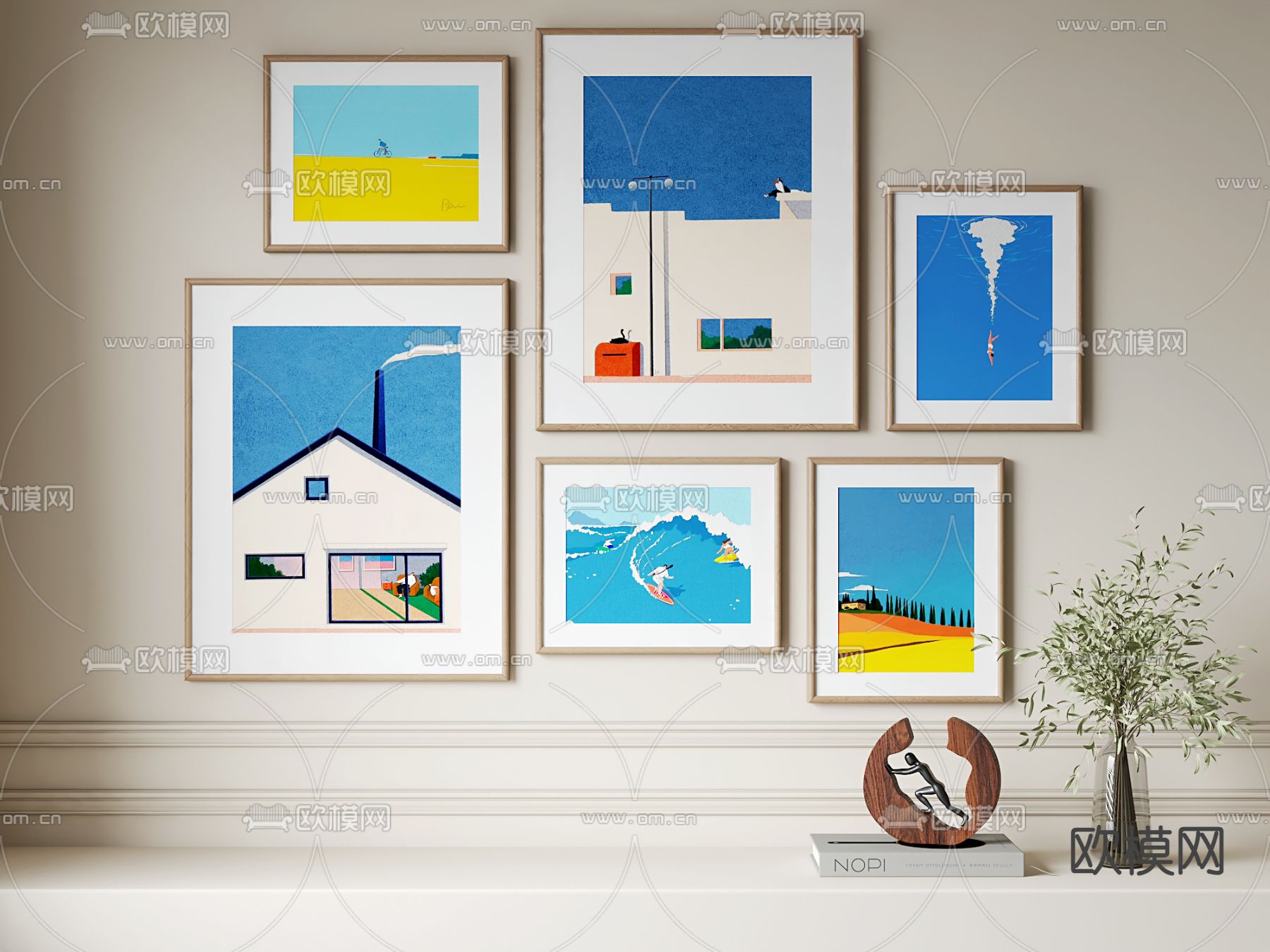 孟菲斯挂画 蓝色画 组合画 建筑画3d模型下载