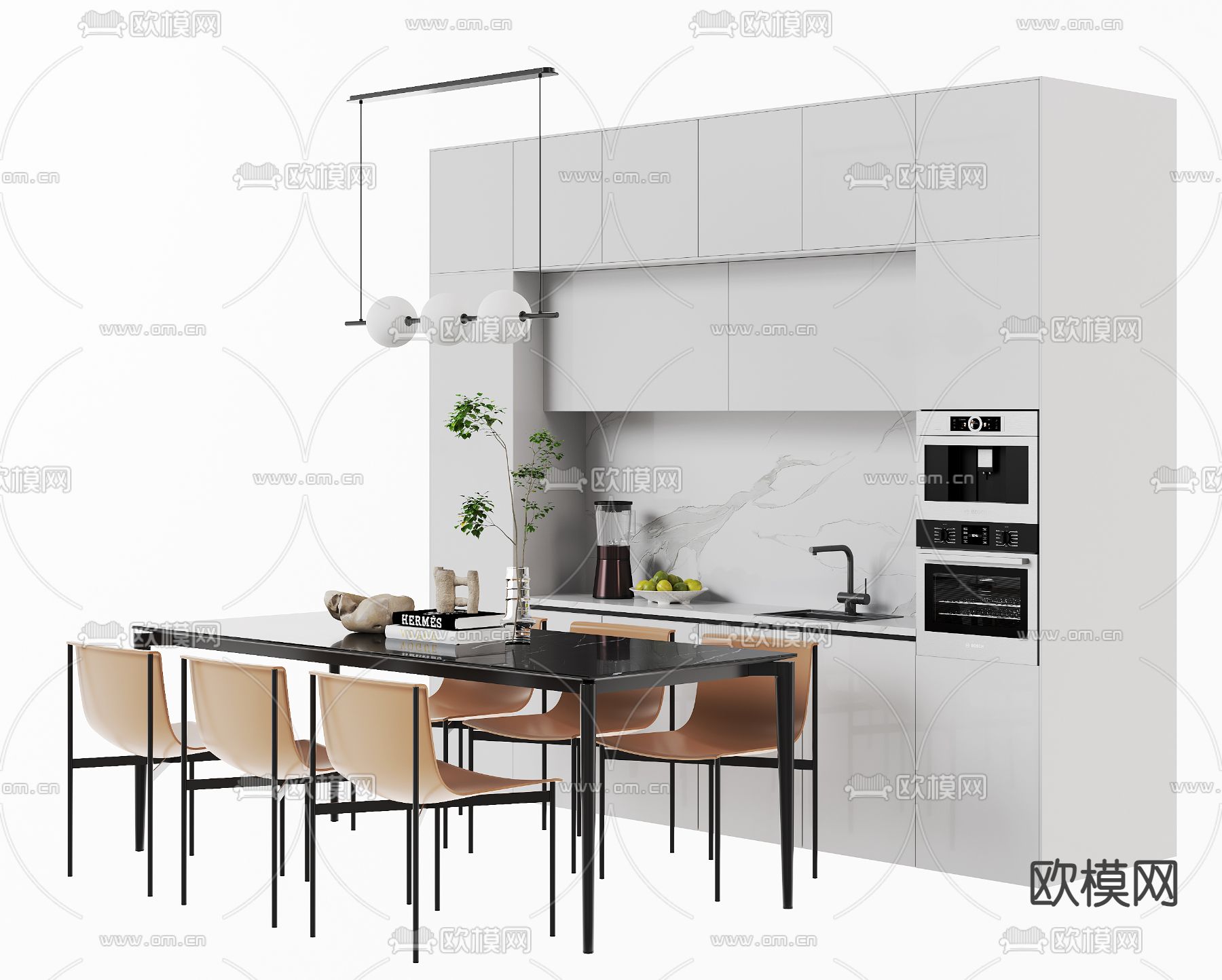 现代餐桌椅 条形餐桌3d模型下载
