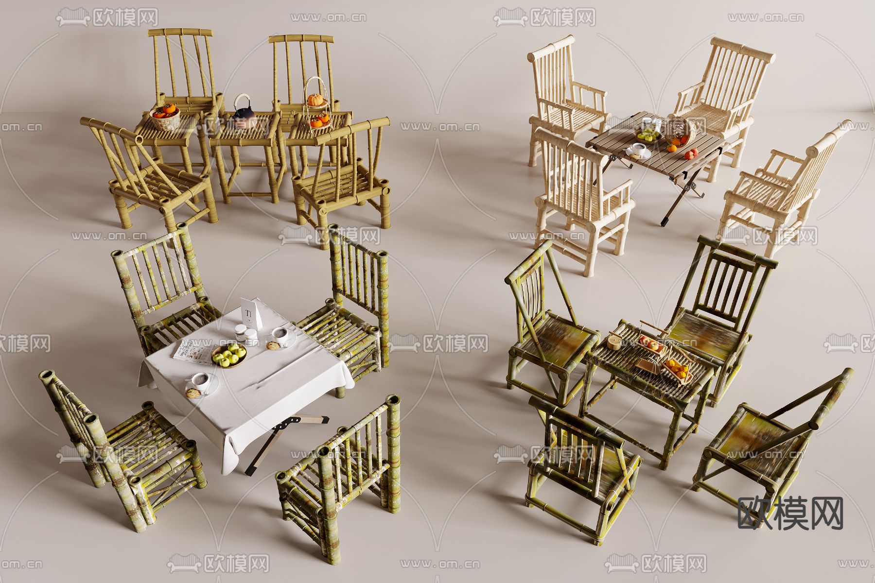 户外桌椅 竹编桌椅 露营桌椅3d模型下载