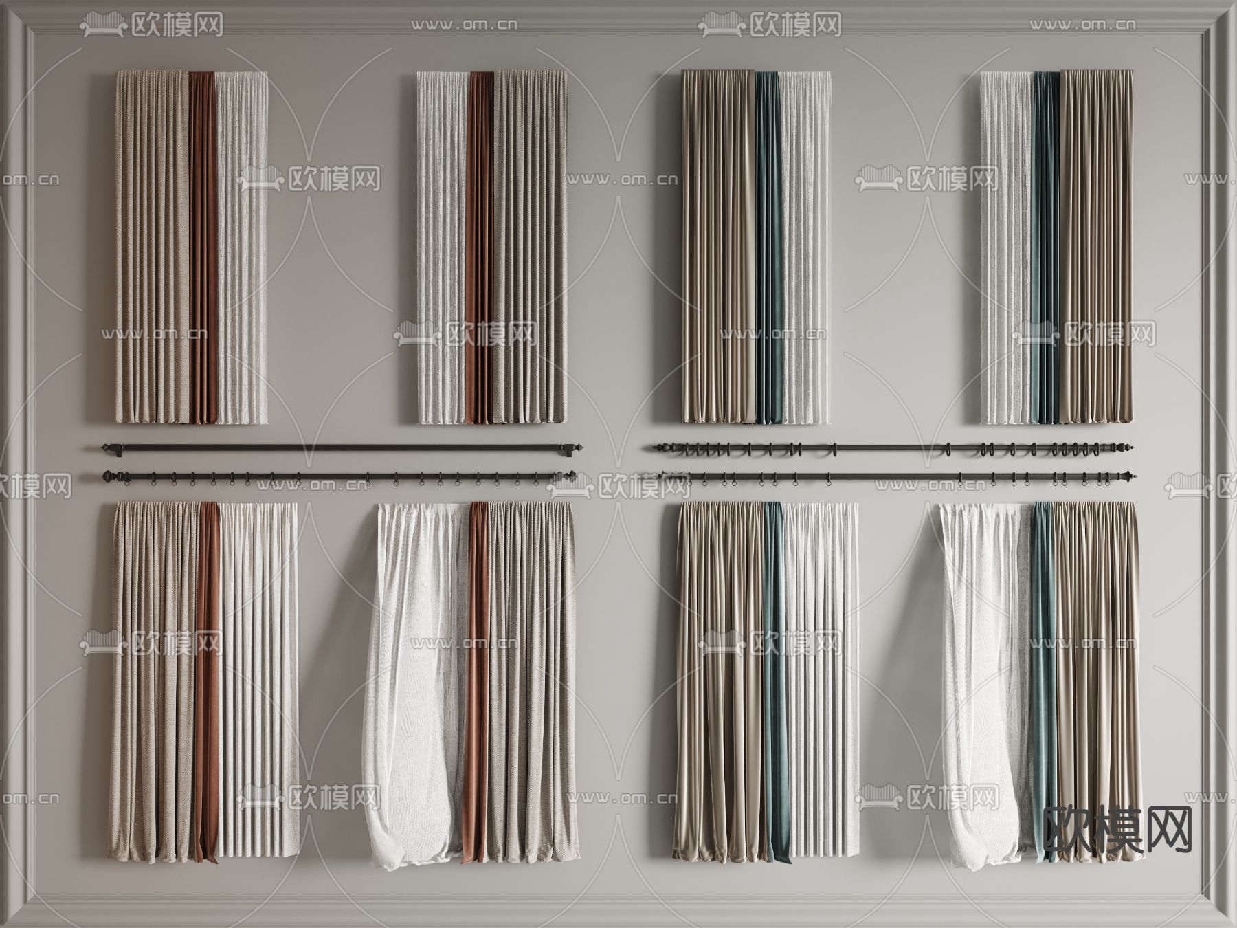 素色窗帘 纱帘 窗帘杆3d模型下载