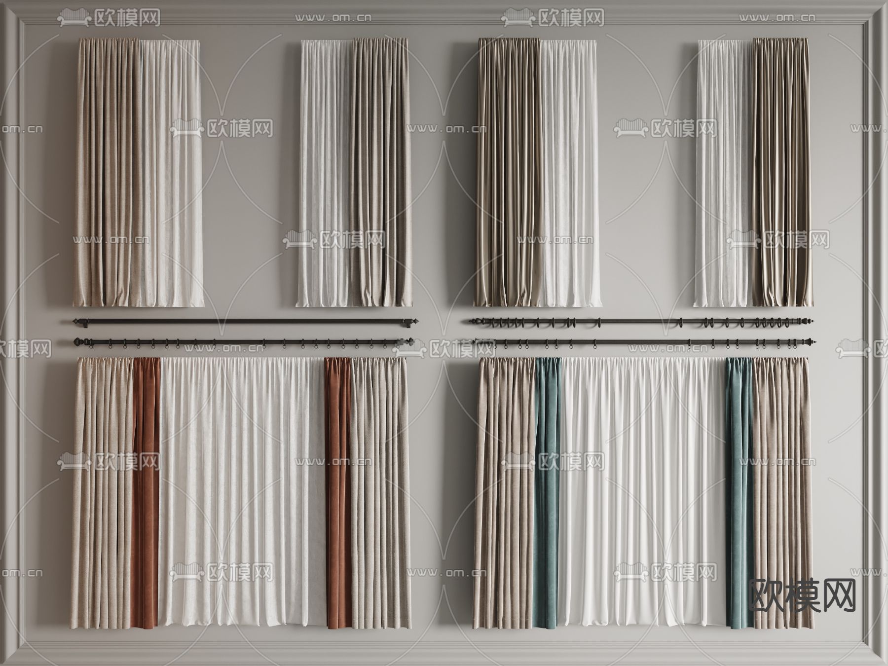 素色窗帘 纱帘 窗帘杆3d模型下载