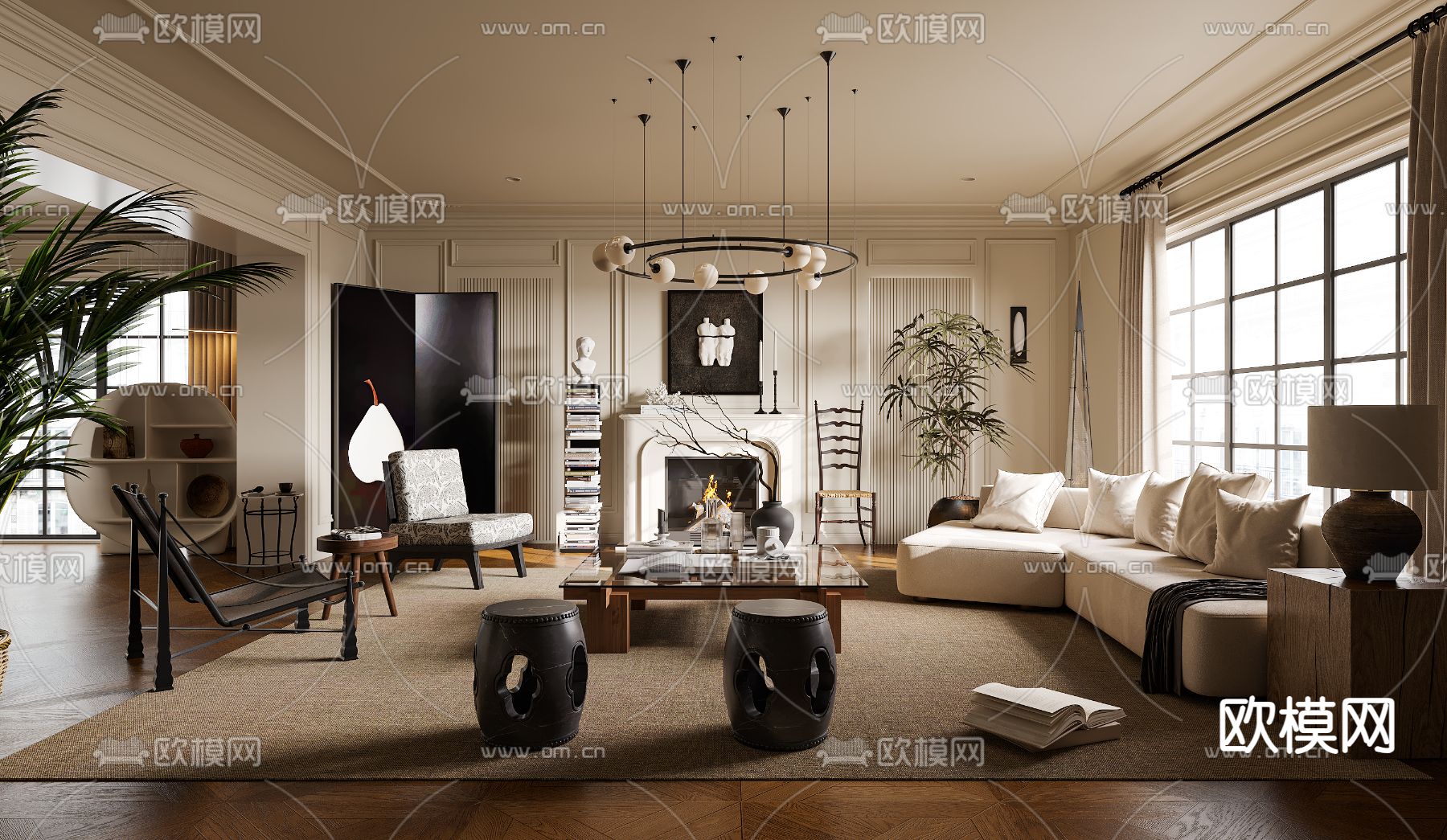 中古风客厅3d模型下载（渲染图1）