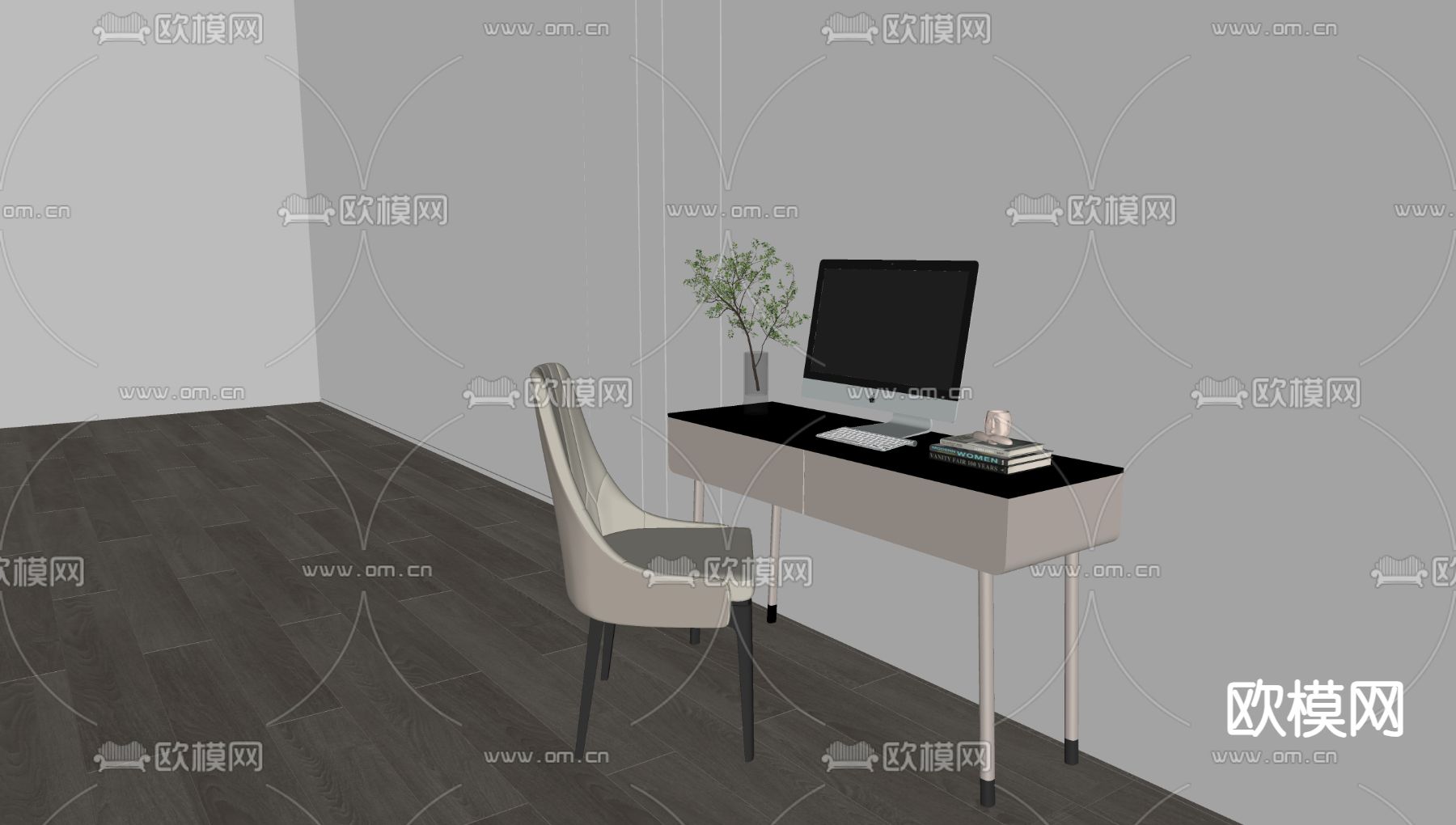 奶油风书桌椅su模型下载（渲染图1）