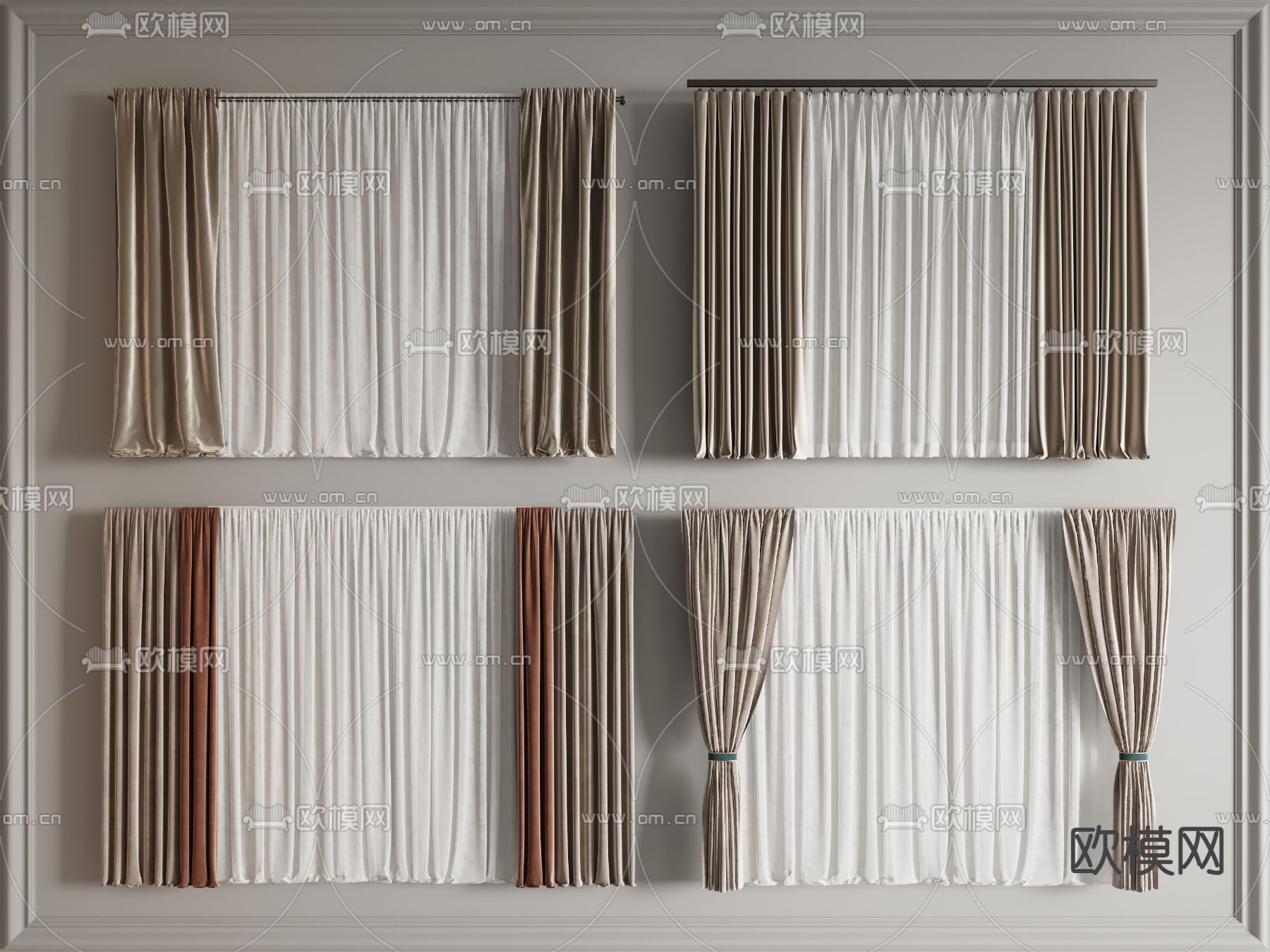 素色窗帘 纱帘 窗帘杆3d模型下载