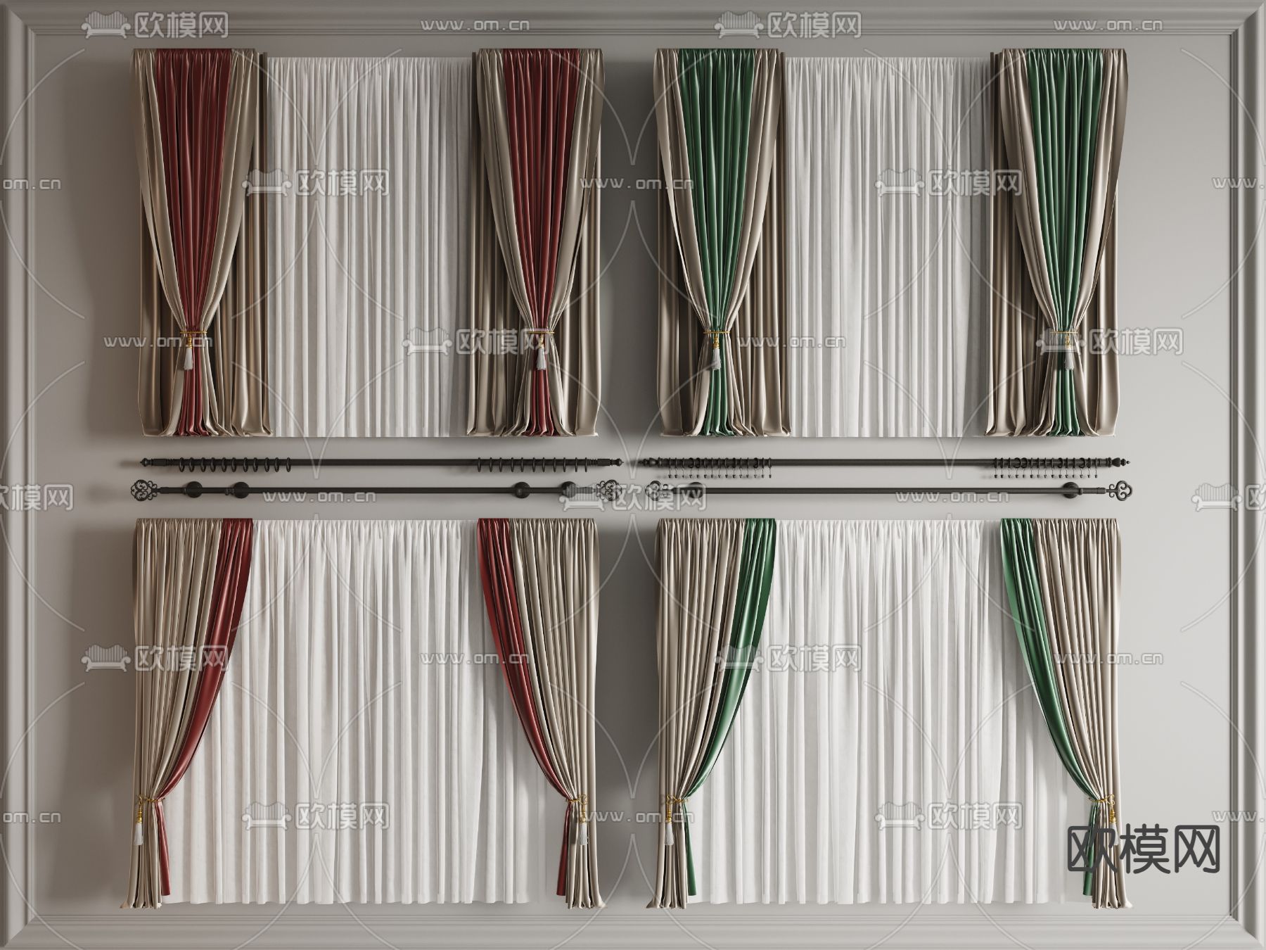 新中式窗帘 纱帘 窗帘杆3d模型下载