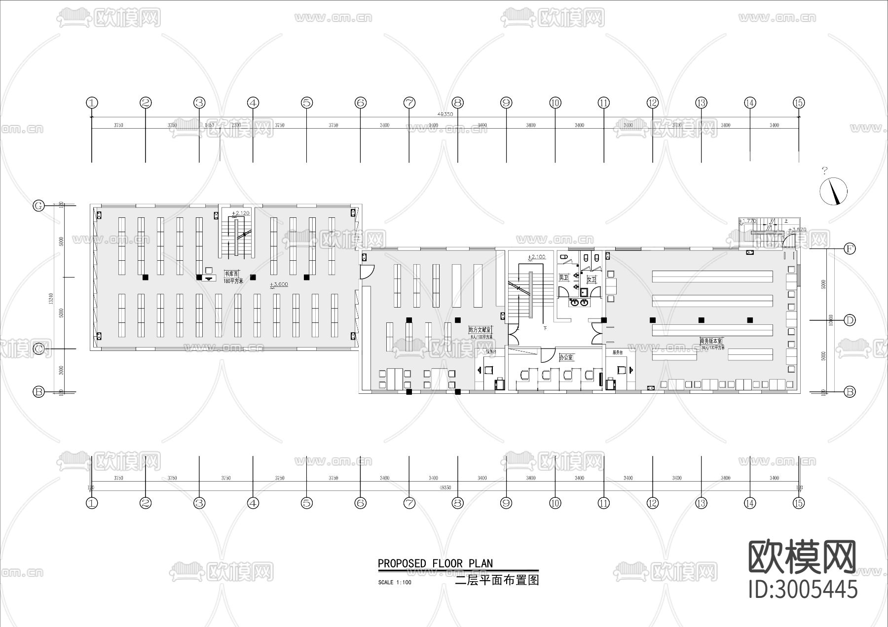 图书馆书吧cad平面图下载（渲染图1）