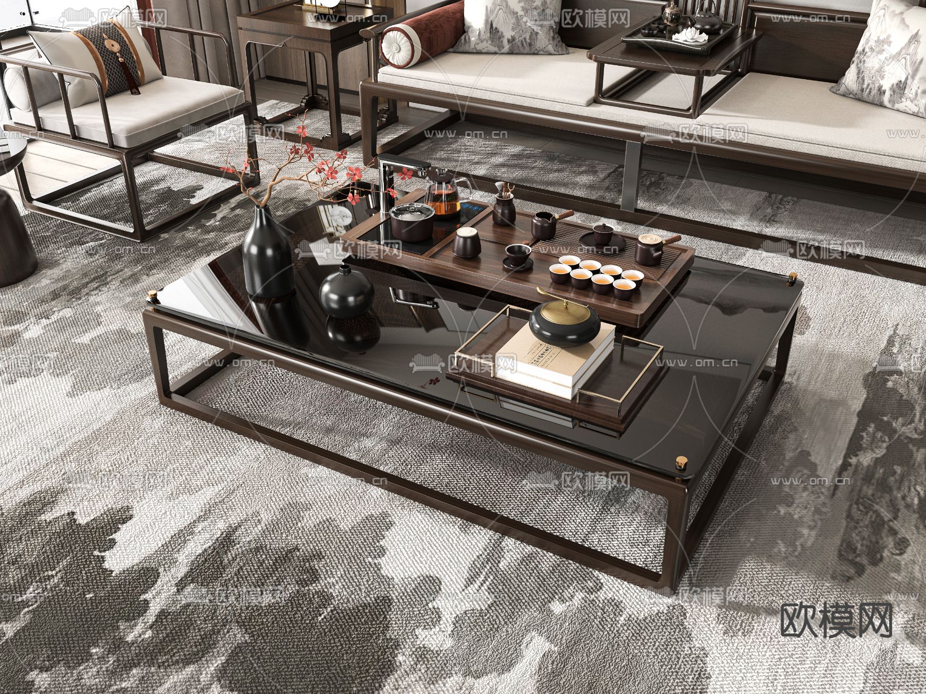 新中式茶几su模型下载（渲染图2）
