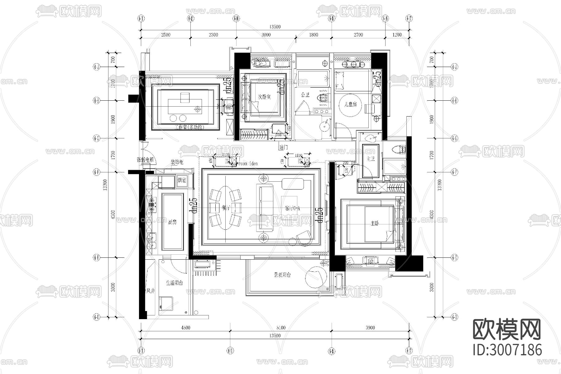 室内 家装 空调 系统图 检修口 冷凝管 回风口 开关走线cad施工图下载（渲染图3）