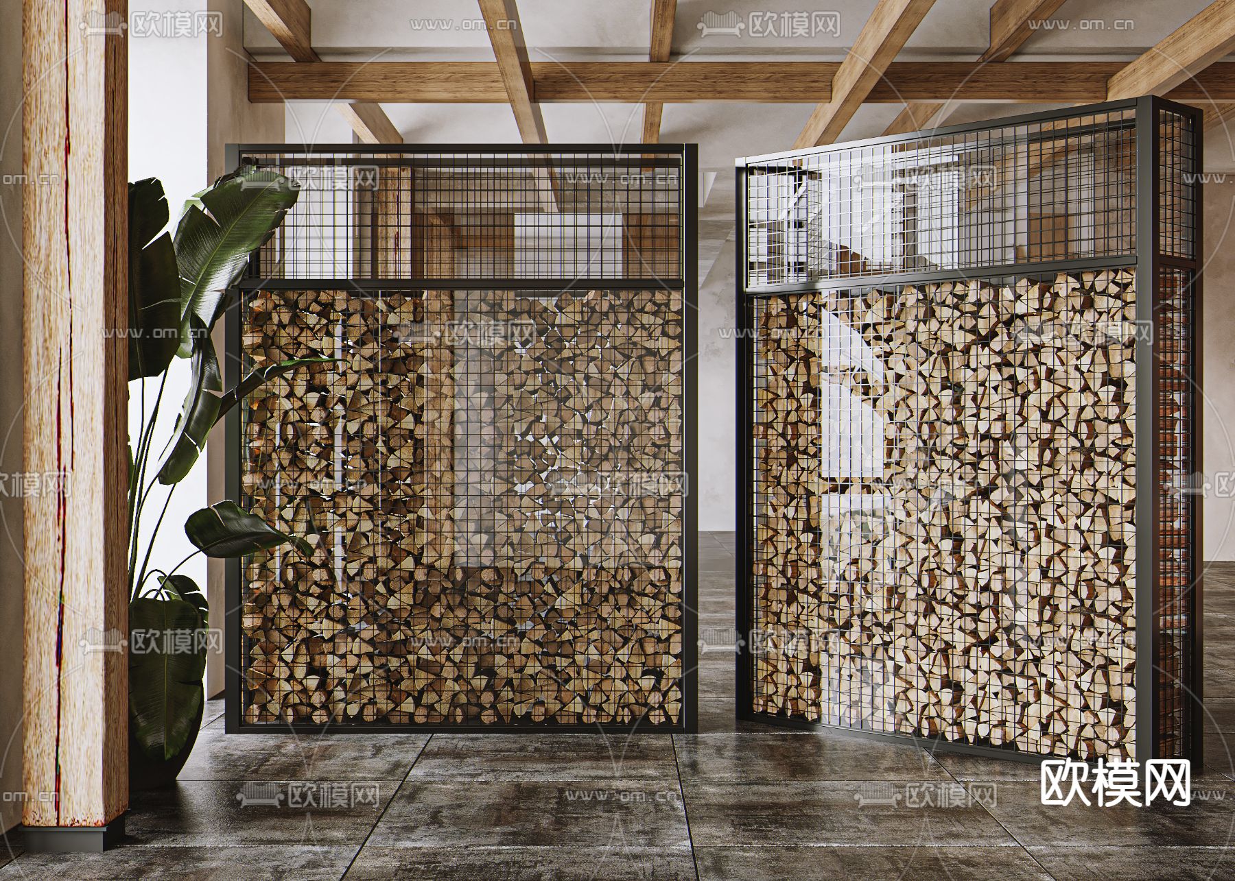 玻璃屏风 木头隔断 柴火堆3d模型下载（渲染图1）