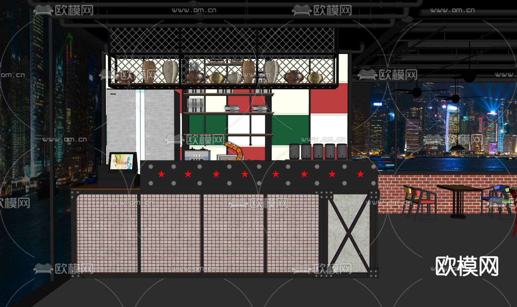 工业风奶茶店su模型下载（渲染图1）