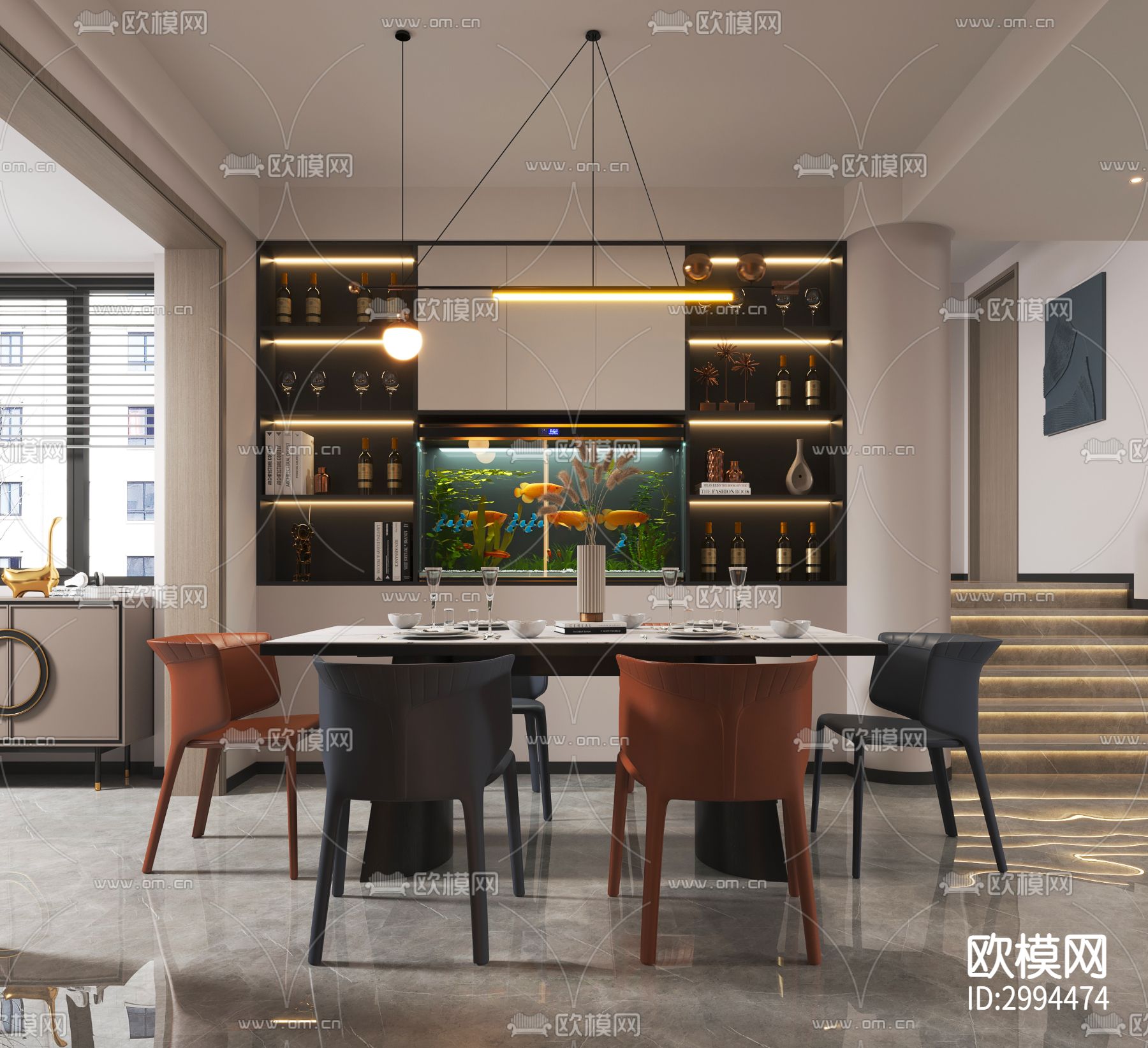 现代客厅 餐厅效果图下载（渲染图2）