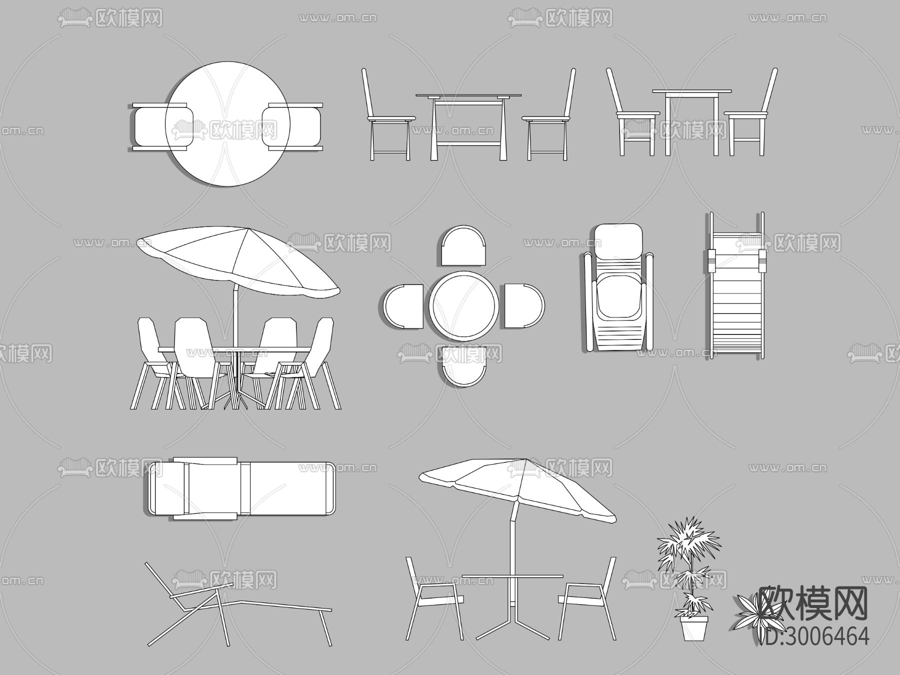 户外桌椅 躺椅 沙滩椅cad图库下载（渲染图2）