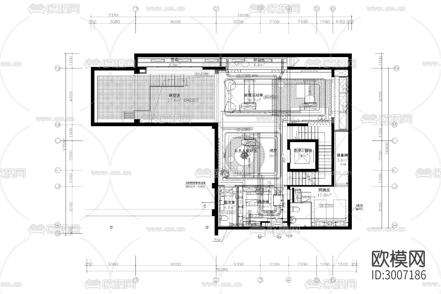 室内 家装 空调 系统图 检修口 冷凝管 回风口 开关走线cad施工图下载（渲染图1）
