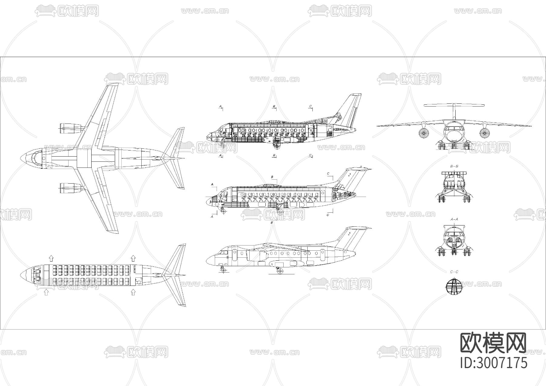 客机I二战机I无人运输机高质量细节三视图cad大样图下载（渲染图1）