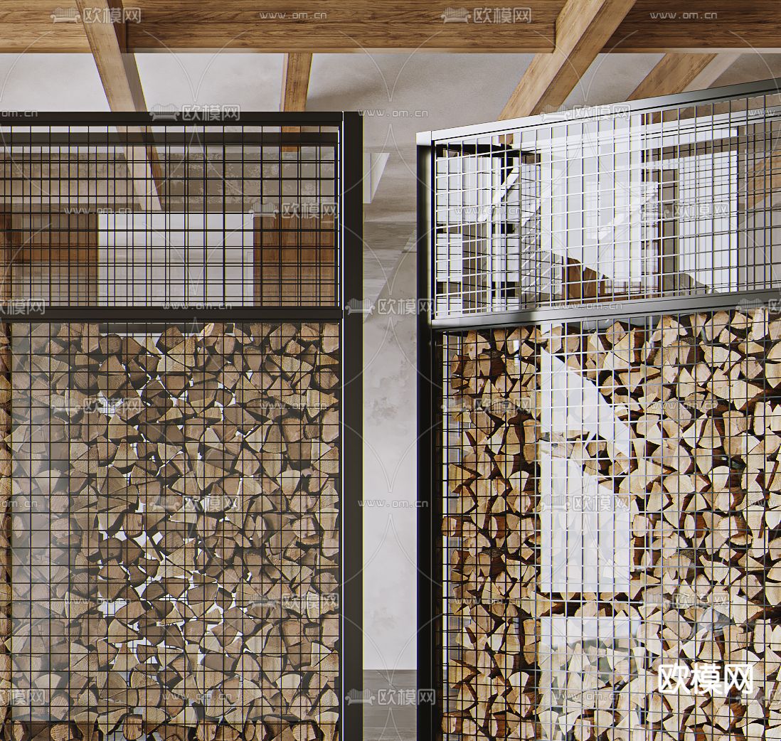 玻璃屏风 木头隔断 柴火堆3d模型下载（渲染图2）