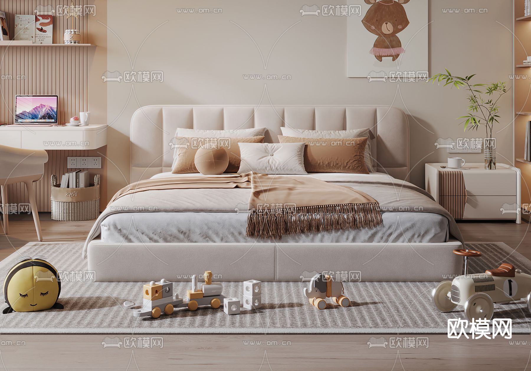 现代儿童床su模型下载（渲染图2）