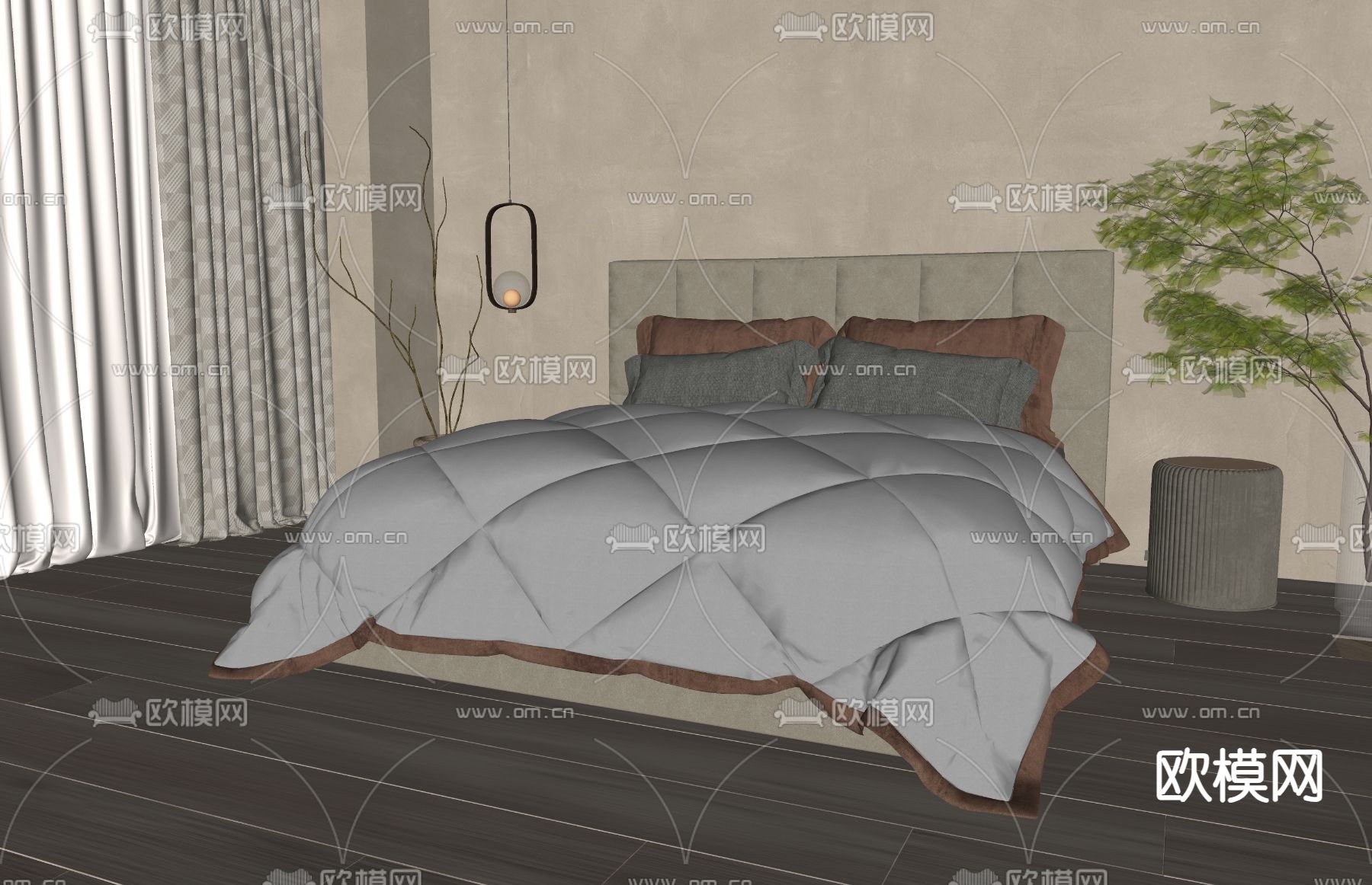 简欧双人床su模型下载（渲染图1）