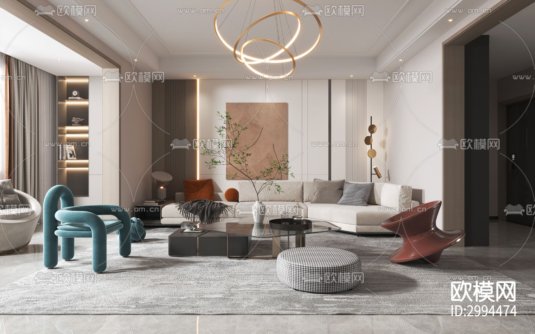 现代客厅 餐厅效果图下载（渲染图1）