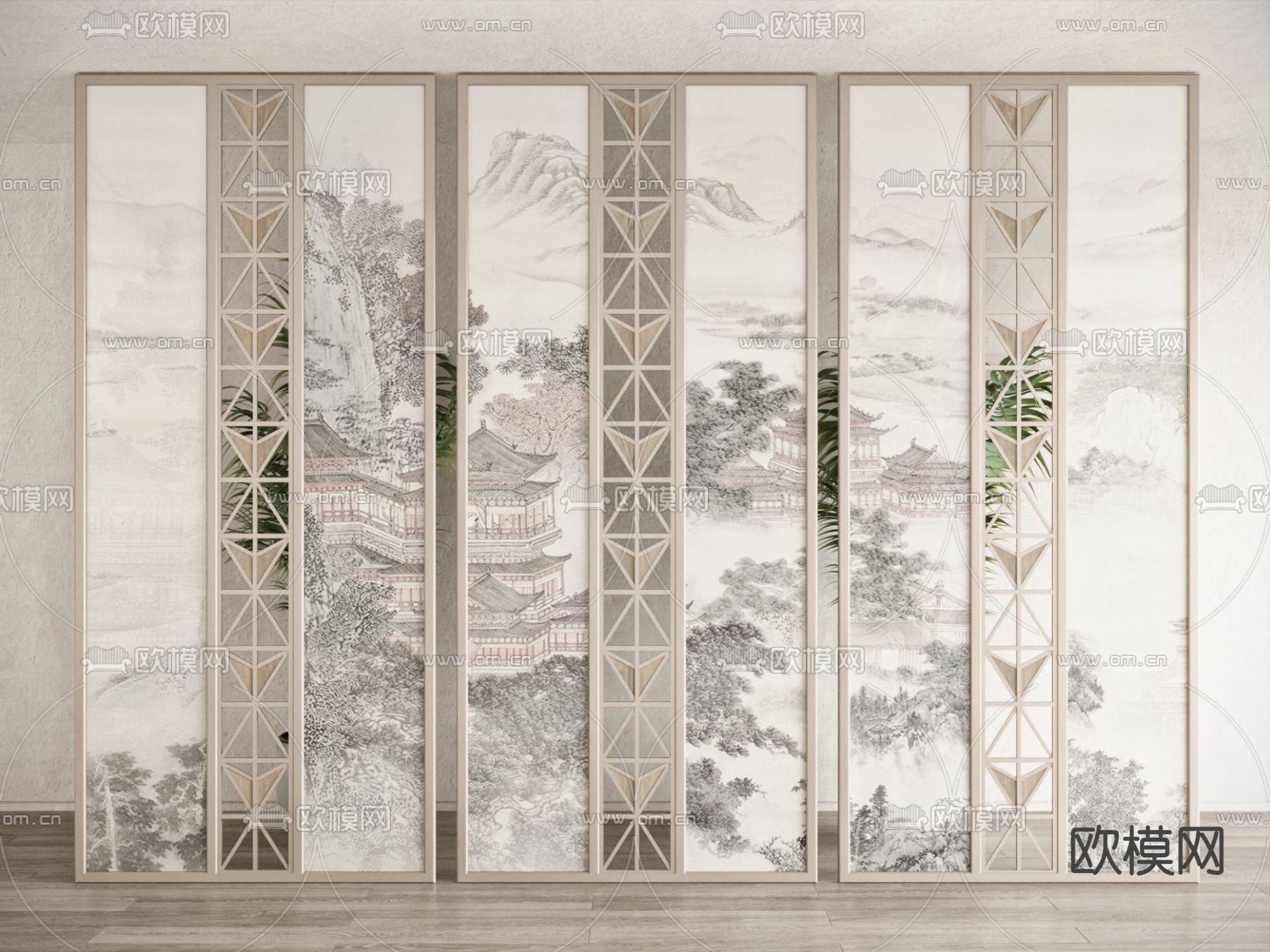 新中式屏风 壁画隔断3d模型下载