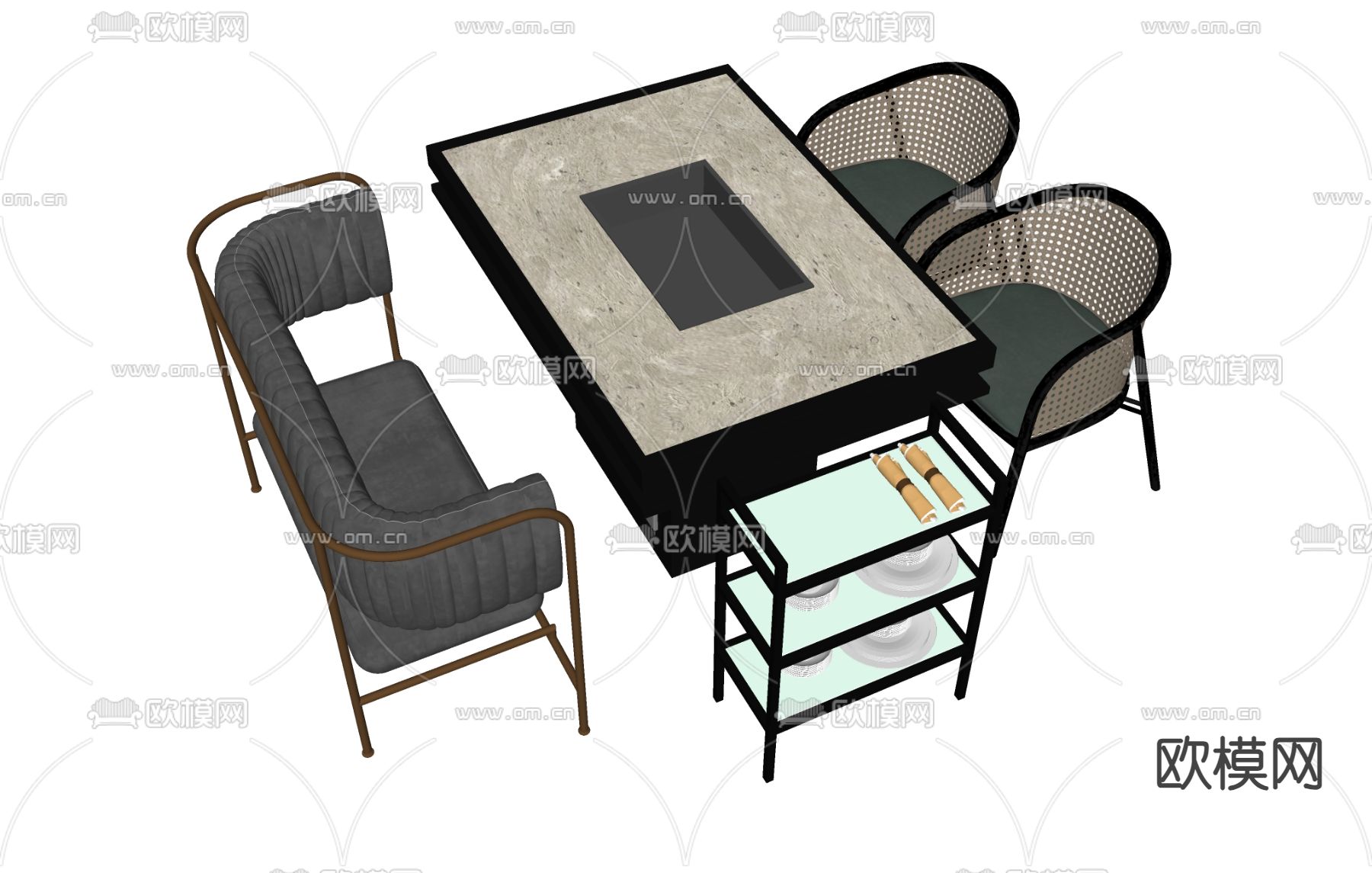 现代餐桌椅 卡座沙发su模型下载（渲染图1）