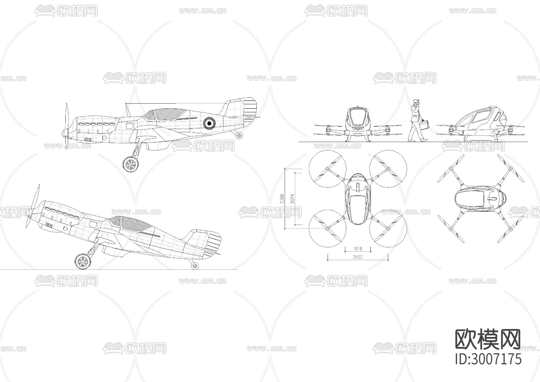 客机I二战机I无人运输机高质量细节三视图cad大样图下载（渲染图3）
