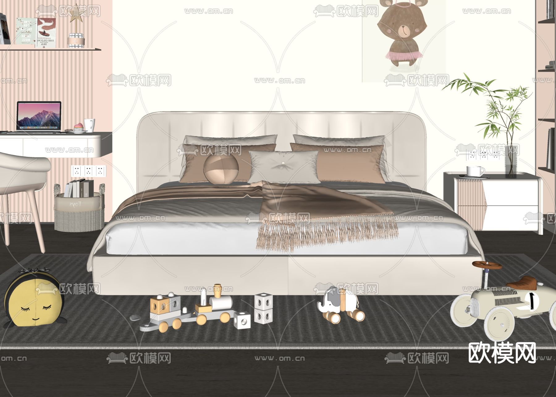 现代儿童床su模型下载（渲染图1）