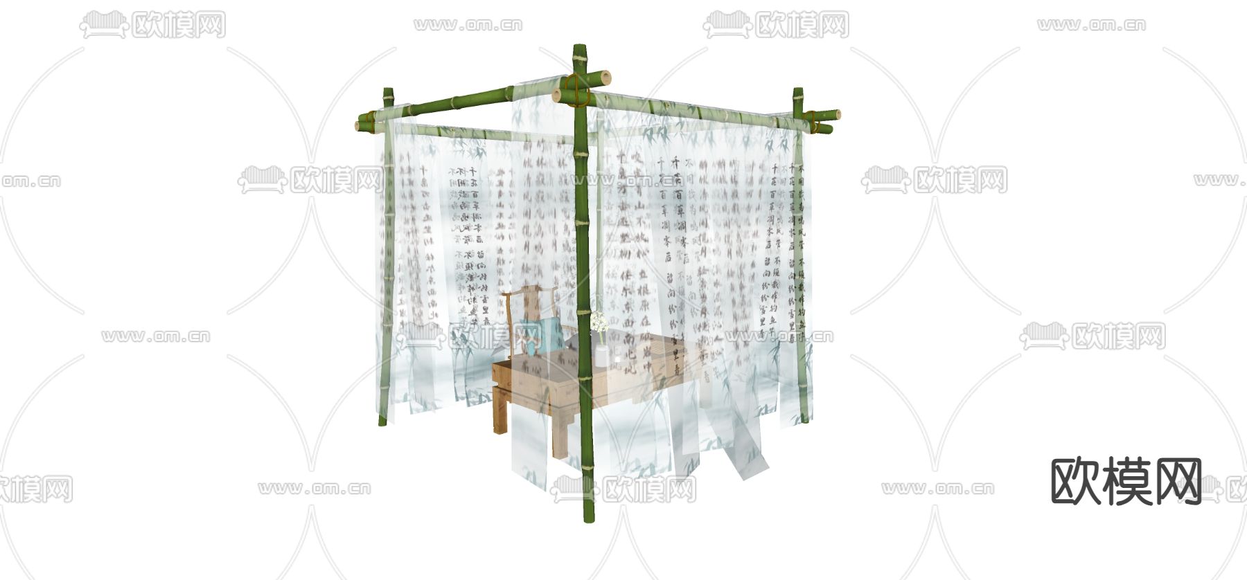 新中式美陈 纱幔竹竿su模型下载（渲染图1）