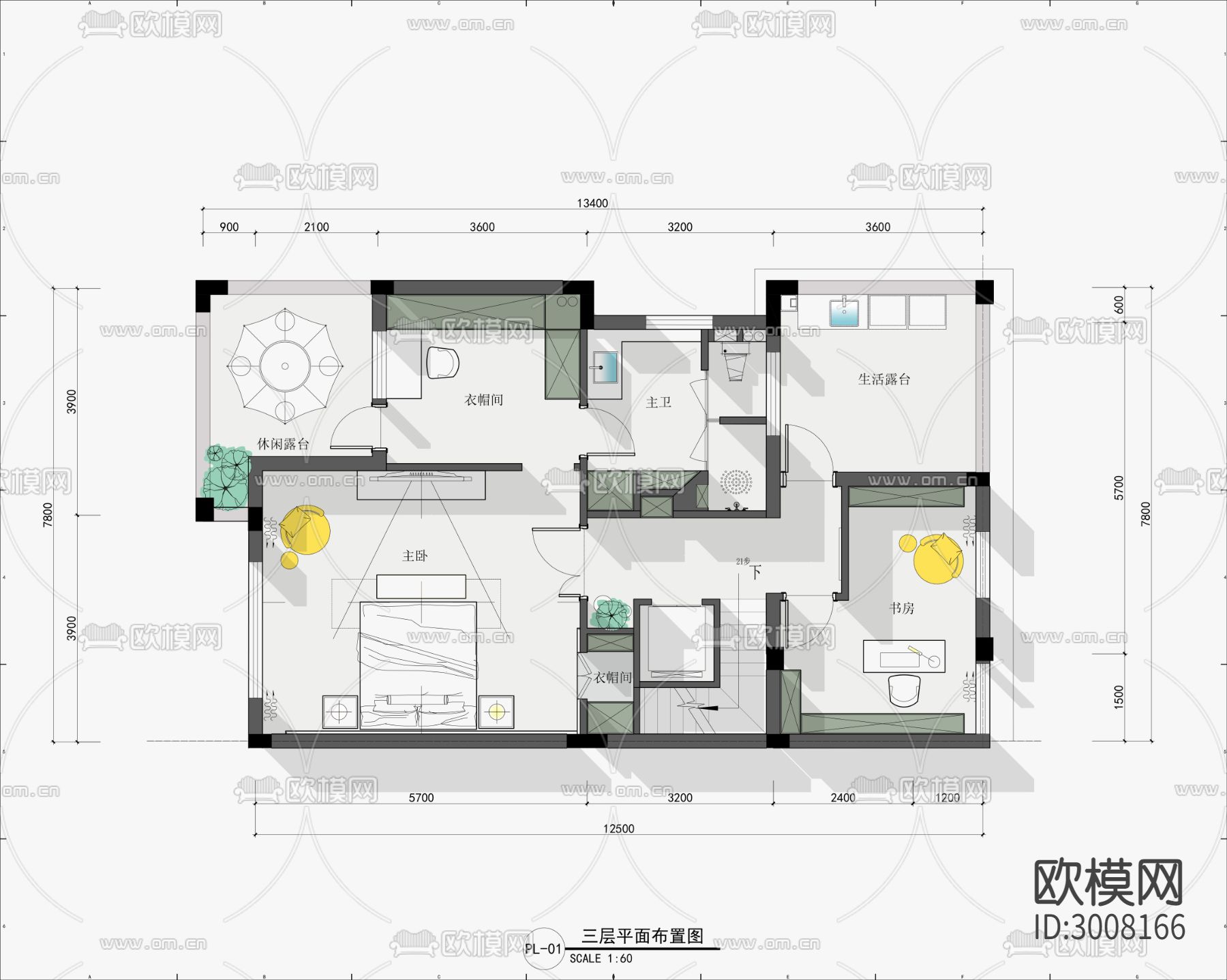 联排别墅cad平面图下载（渲染图5）