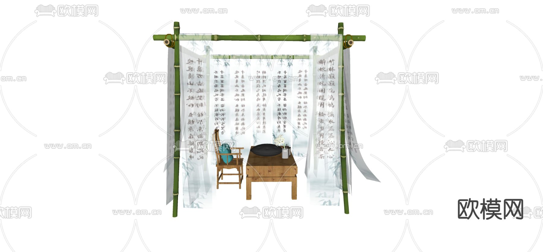 新中式美陈 纱幔竹竿su模型下载（渲染图2）