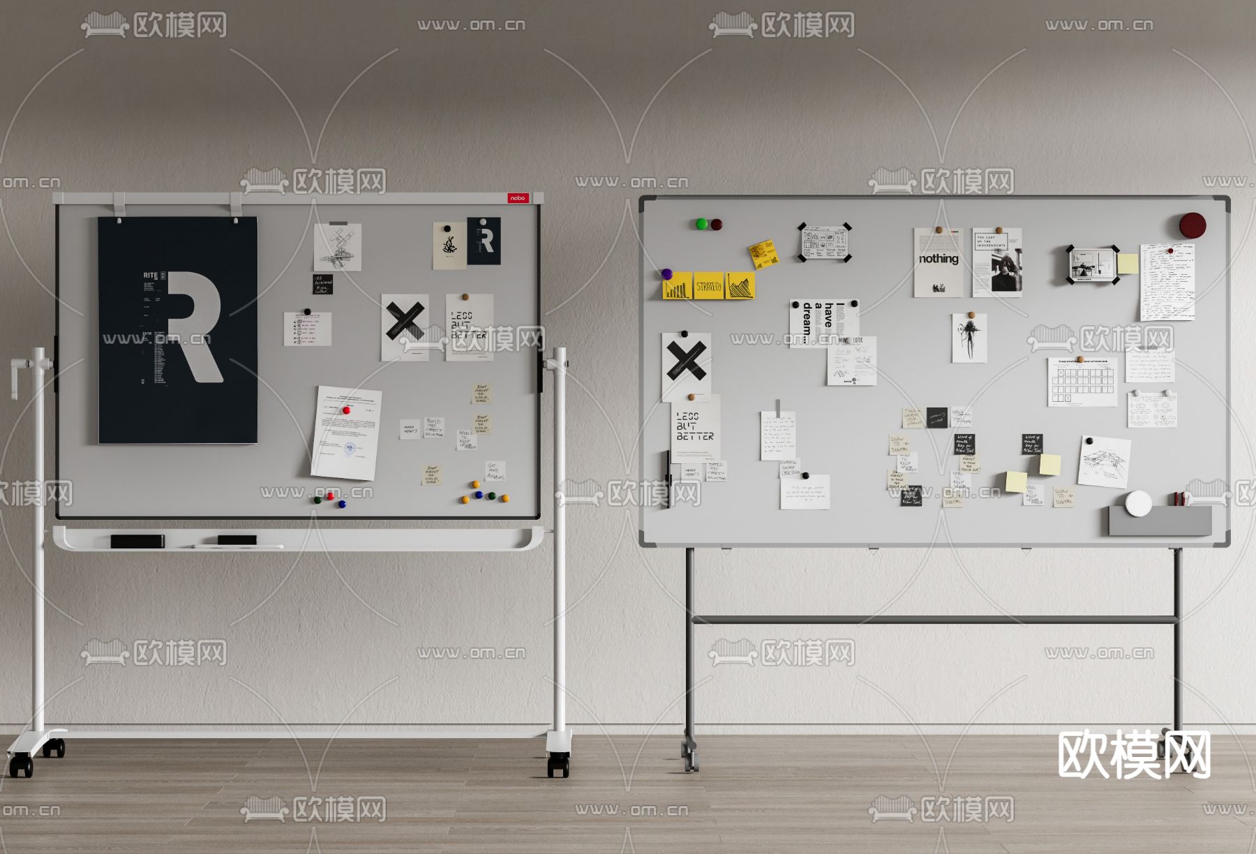 现代办公白板 便贴纸 展示板su模型下载（渲染图2）