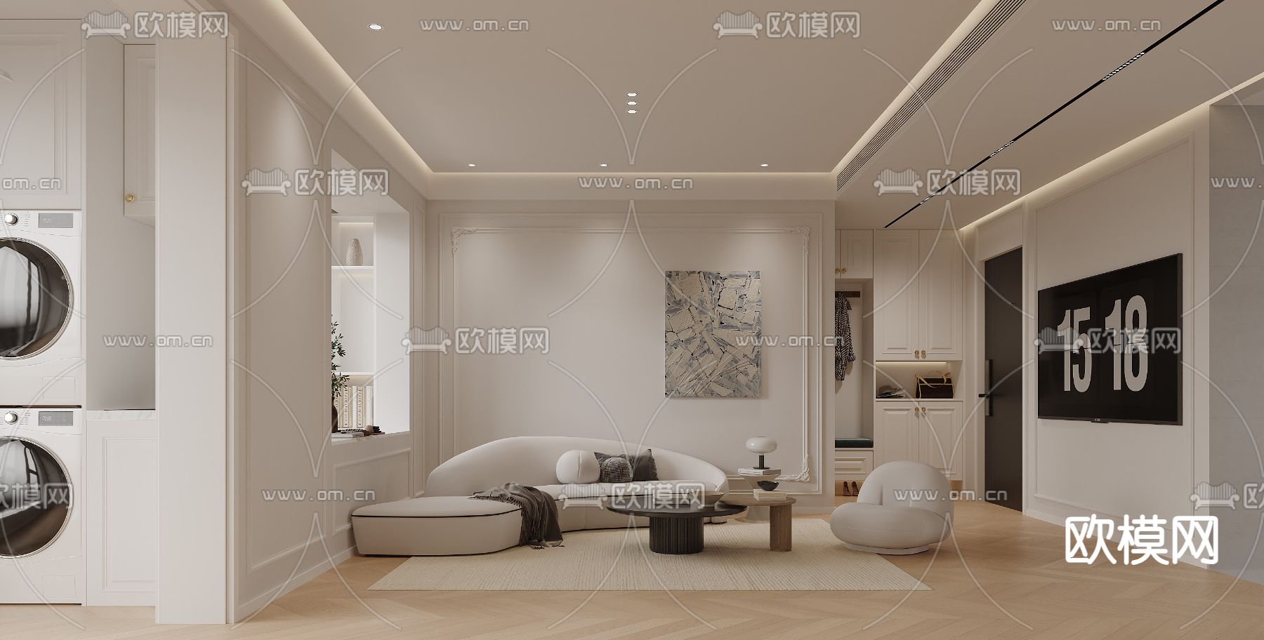 奶油风客厅3d模型下载（渲染图1）