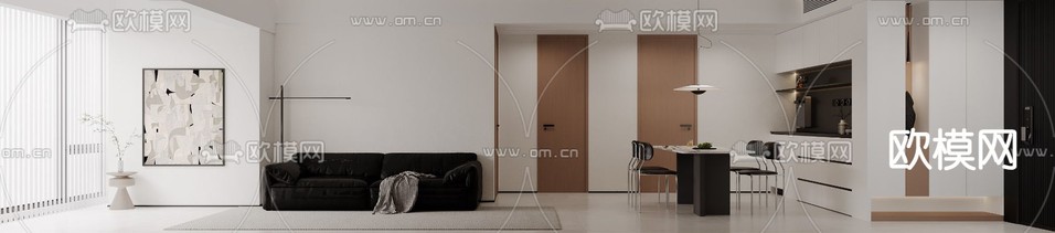 现代客厅 餐厅3d模型下载(渲染图1)