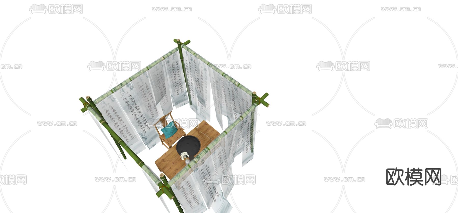 新中式美陈 纱幔竹竿su模型下载（渲染图3）
