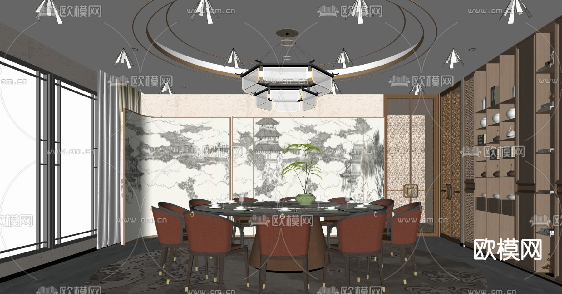 新中式餐厅包厢su模型下载（渲染图1）
