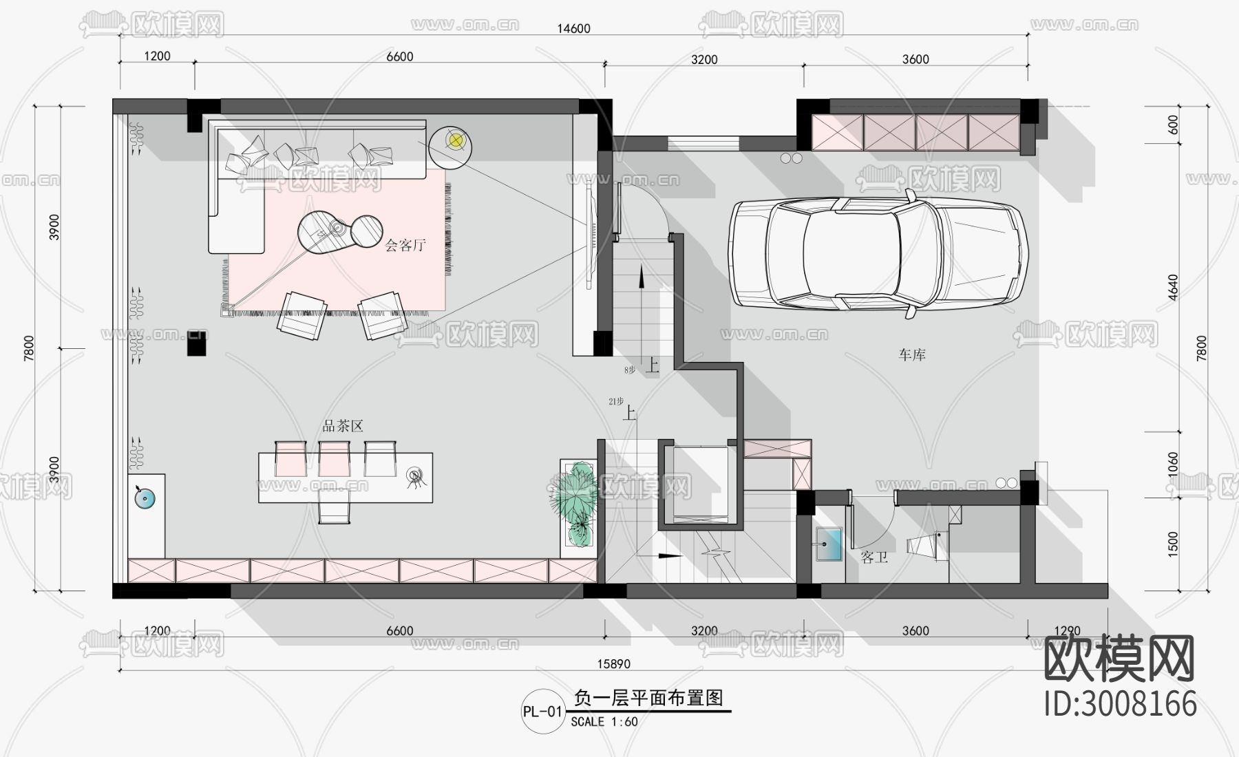 联排别墅cad平面图下载（渲染图3）