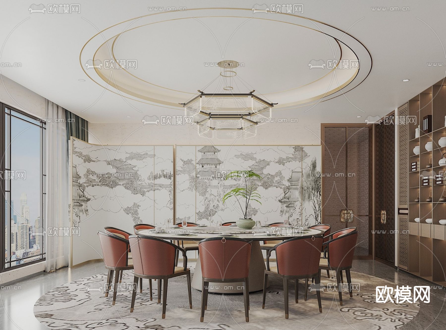 新中式餐厅包厢su模型下载（渲染图2）