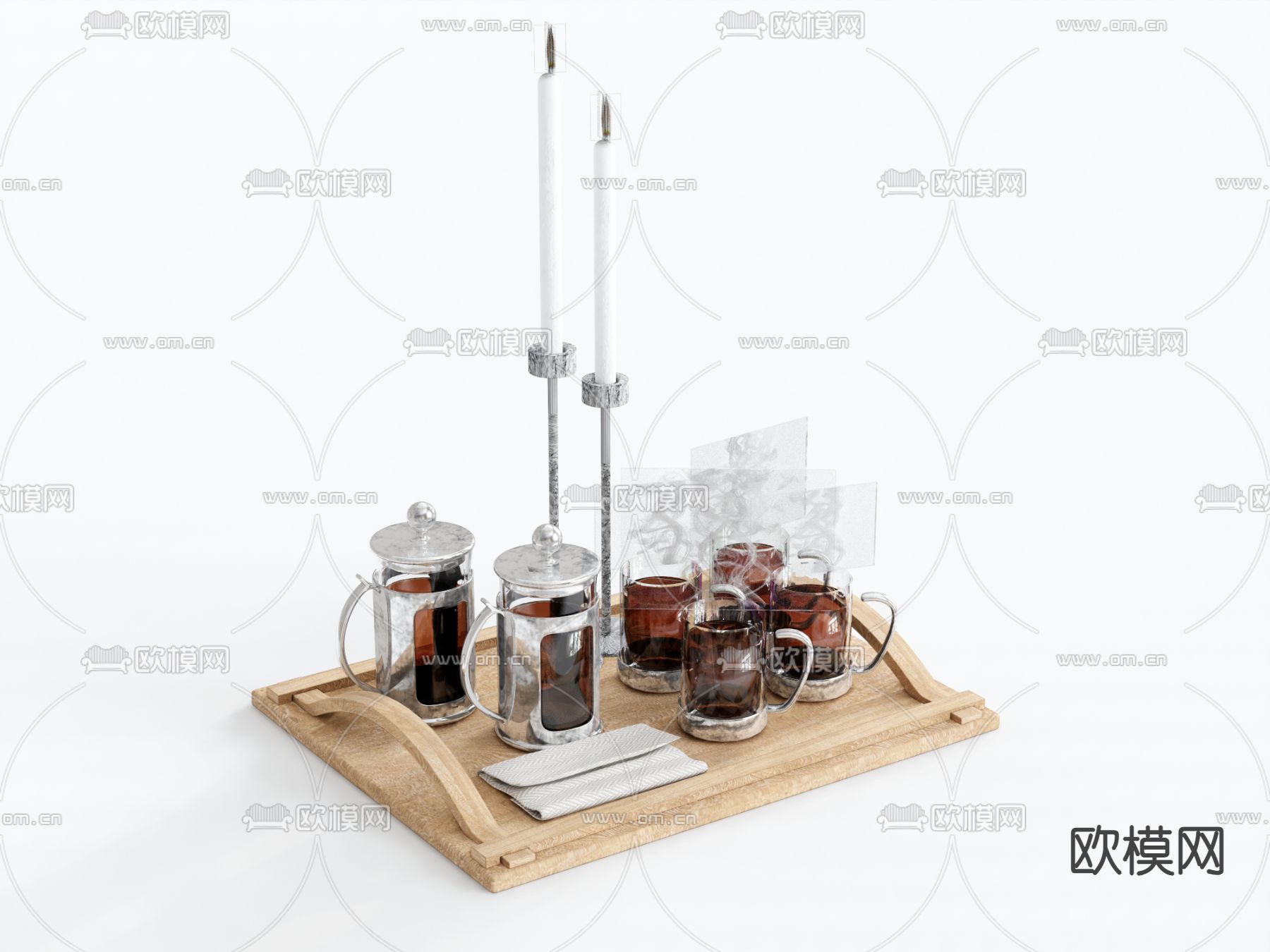 餐具 咖啡杯 咖啡壶 蜡烛摆件su模型下载（渲染图2）