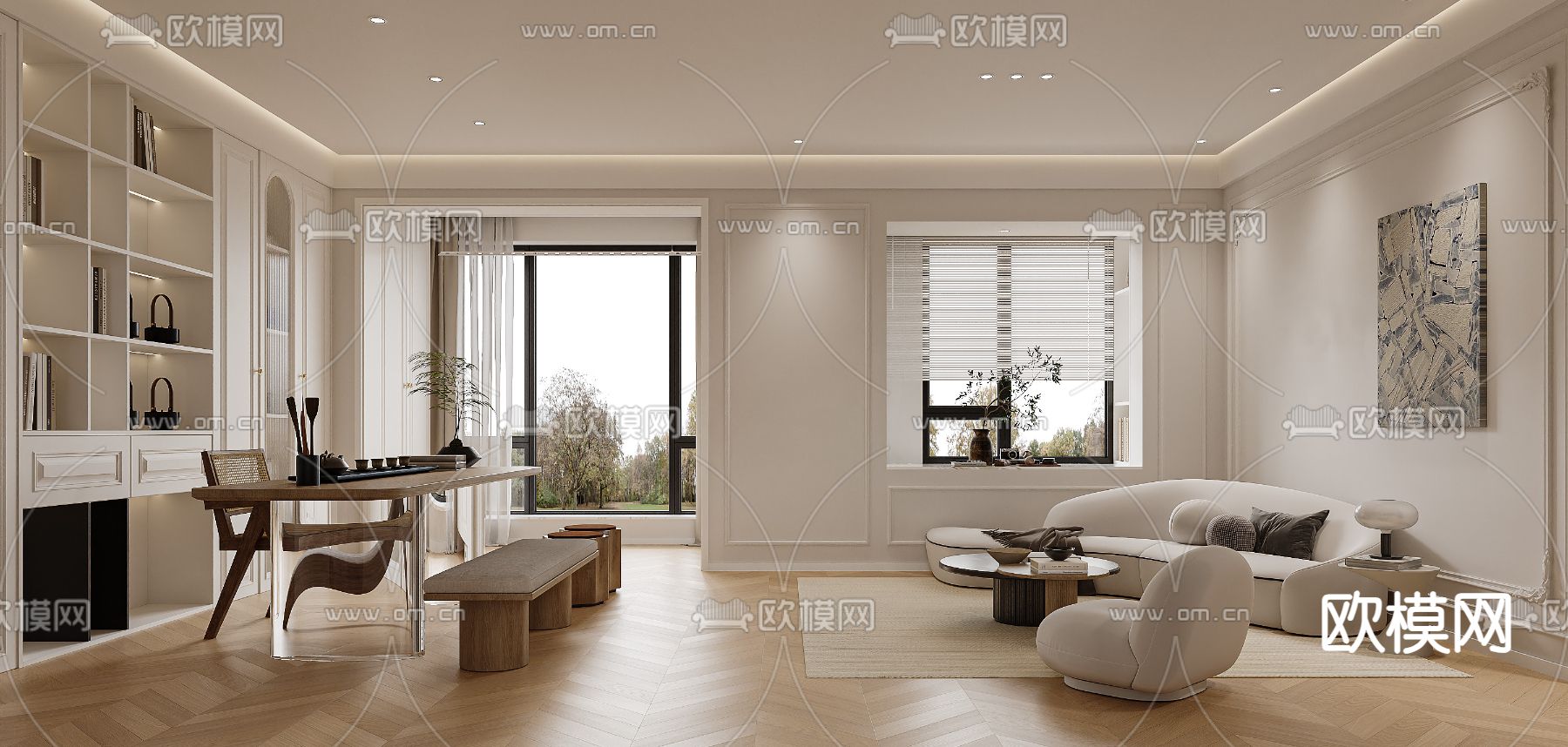 奶油风客厅3d模型下载（渲染图2）