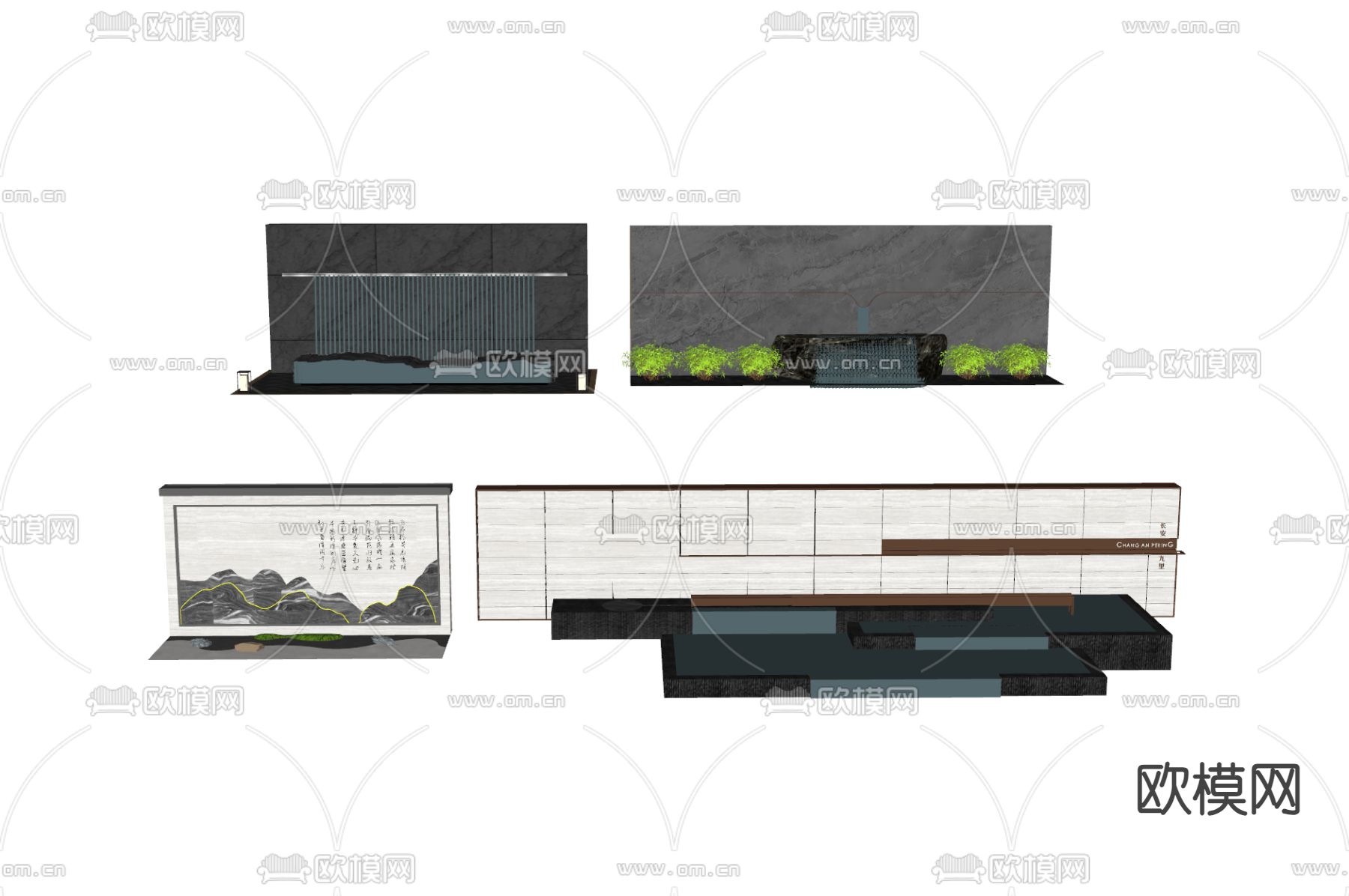 新中式背景墙su模型下载（渲染图1）
