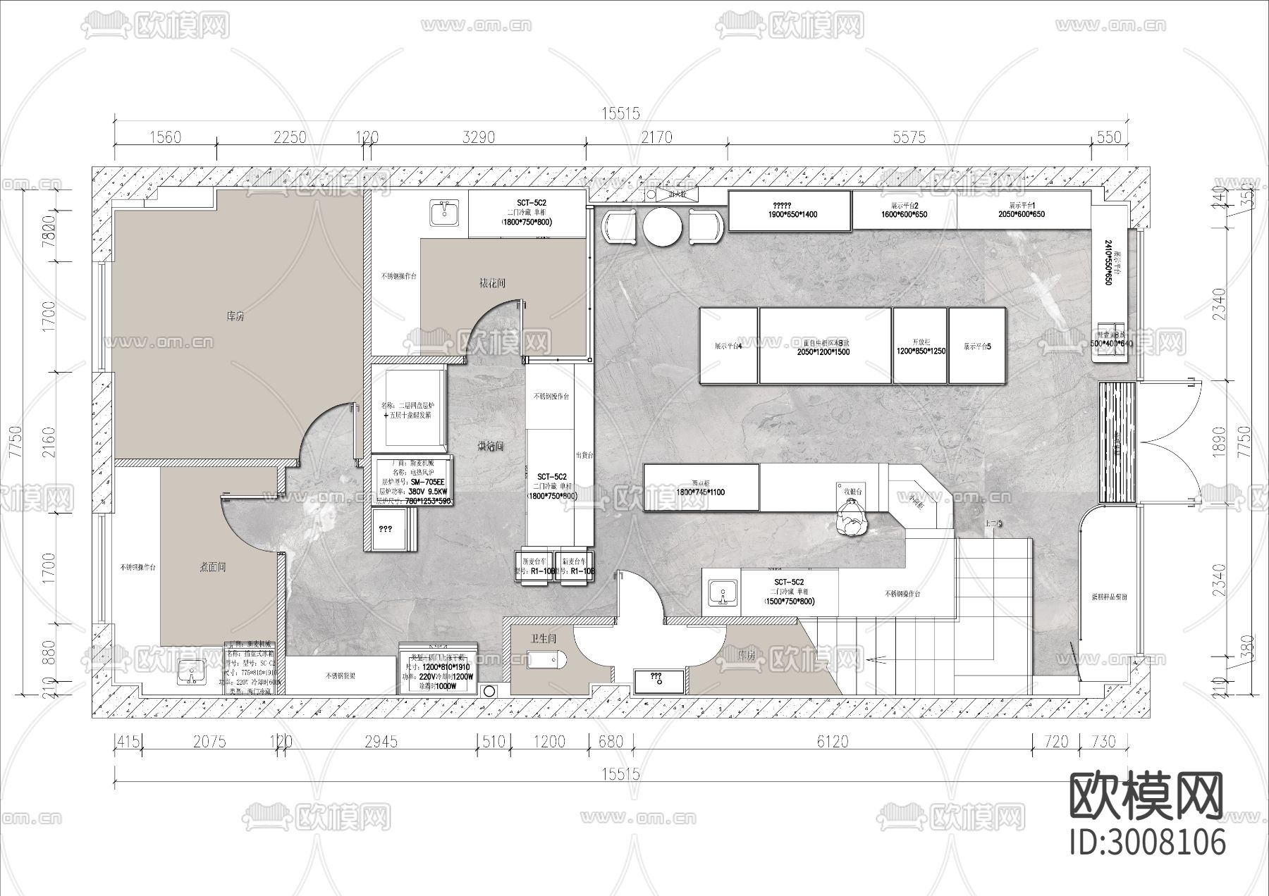 120㎡面包烘焙店cad平面图下载