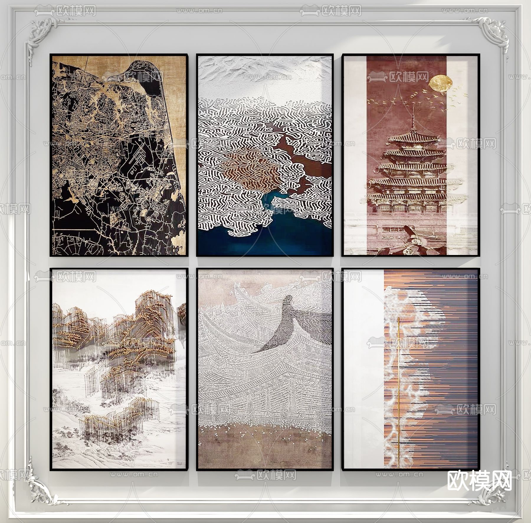 新中式建筑画 艺术画 组合画3d模型下载